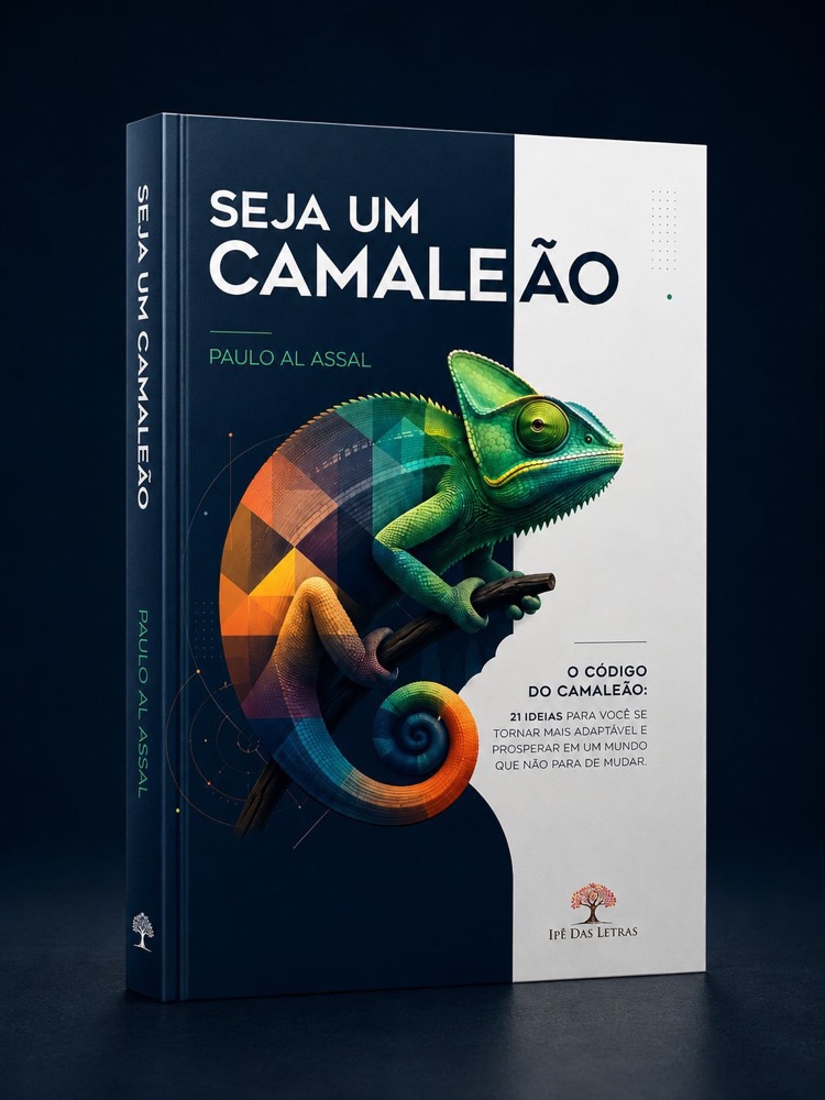 Capa do livro Seja um Camaleão, de Paulo Al-Assal, com um camaleão colorido sobre fundo azul-escuro
